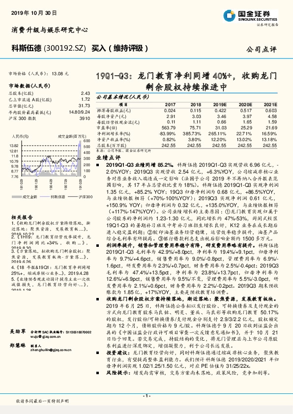 19Q1-Q3：龙门教育净利同增40%+，收购龙门剩余股权持续推进中