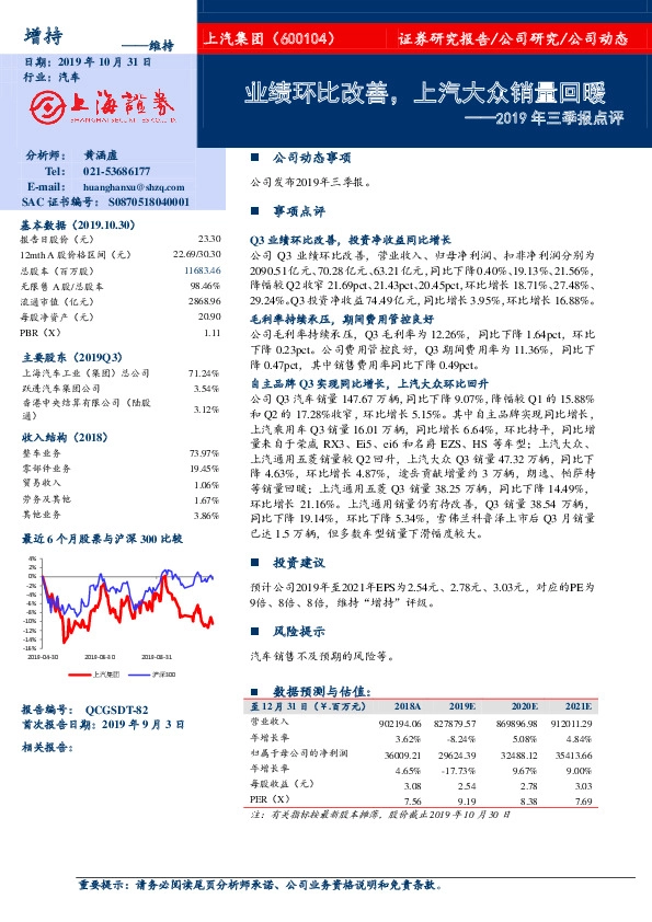 2019年三季报点评：业绩环比改善，上汽大众销量回暖