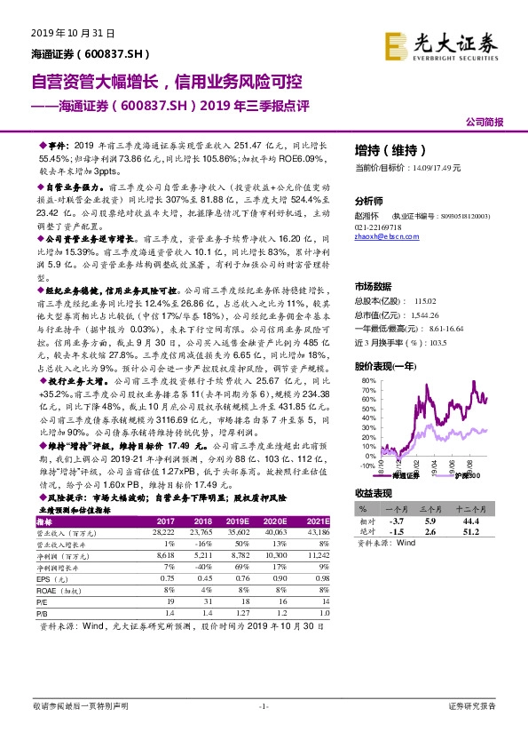 2019年三季报点评：自营资管大幅增长，信用业务风险可控