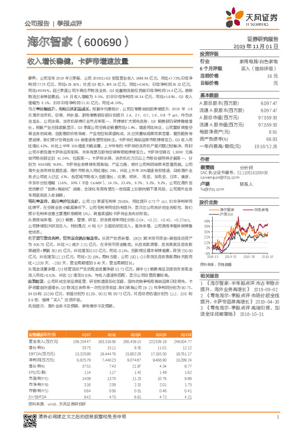 收入增长稳健，卡萨帝增速放量