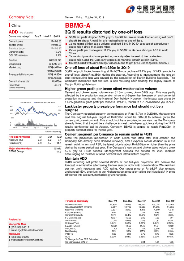 3Q19 results distorted by one-off loss