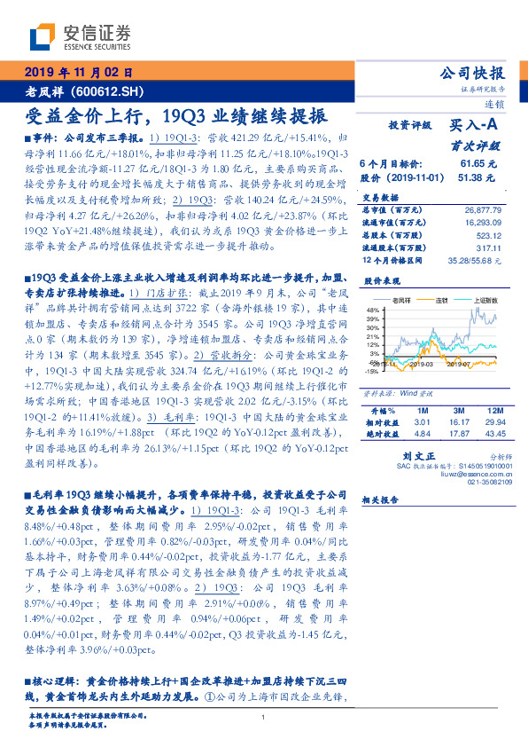 受益金价上行，19Q3业绩继续提振
