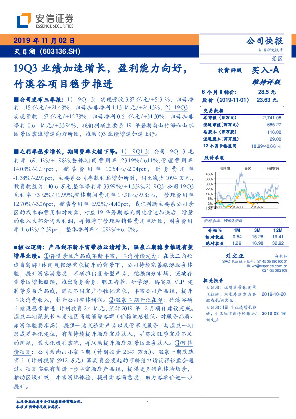 19Q3业绩加速增长，盈利能力向好，竹溪谷项目稳步推进