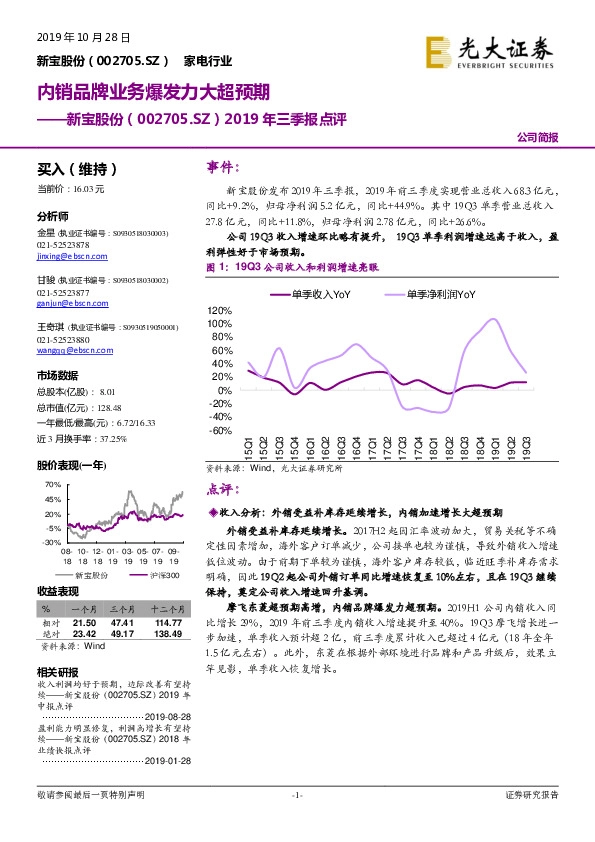 2019年三季报点评：内销品牌业务爆发力大超预期