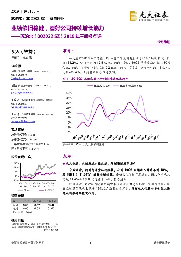 2019年三季报点评：业绩依旧稳健，看好公司持续增长能力