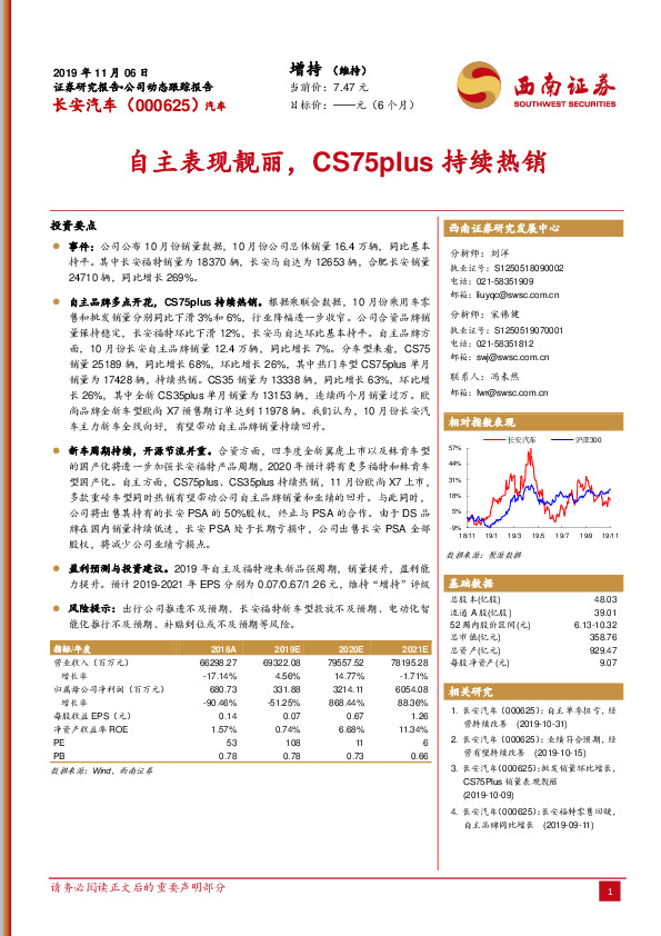 自主表现靓丽，CS75plus持续热销