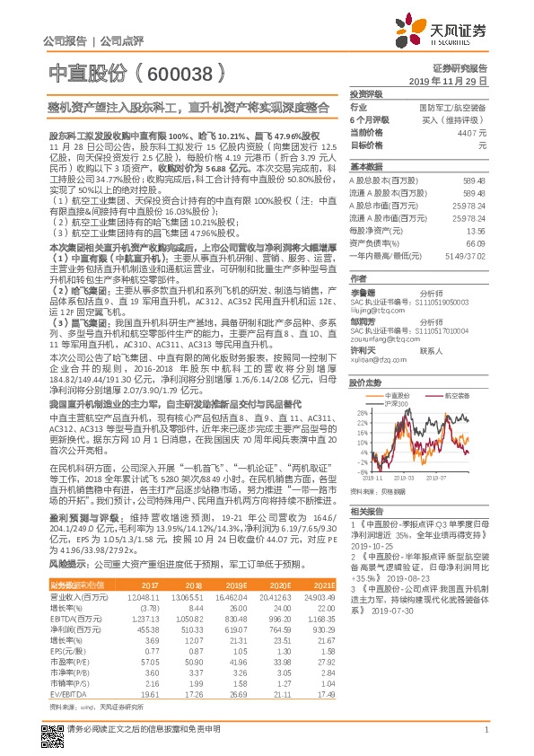 整机资产望注入股东科工，直升机资产将实现深度整合