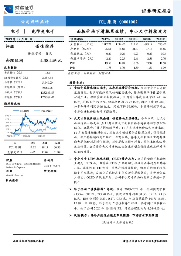 面板价格下滑拖累业绩，中小尺寸持续发力