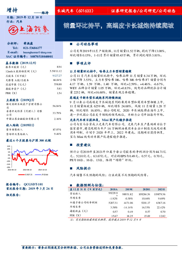 销量环比持平，高端皮卡长城炮持续爬坡