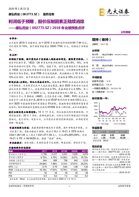 2019年业绩预告点评：利润低于预期，股价压制因素正陆续消除