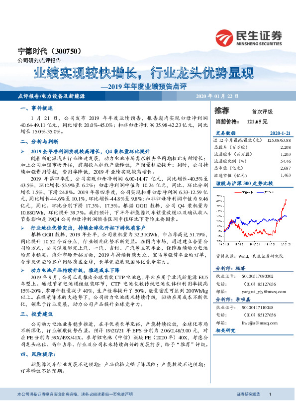 2019年年度业绩预告点评：业绩实现较快增长，行业龙头优势显现