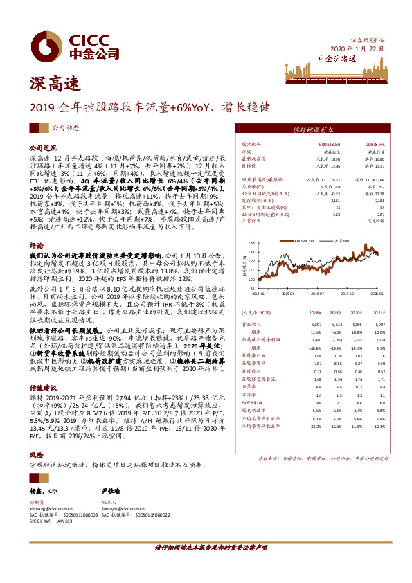 2019全年控股路段车流量+6%YoY、增长稳健