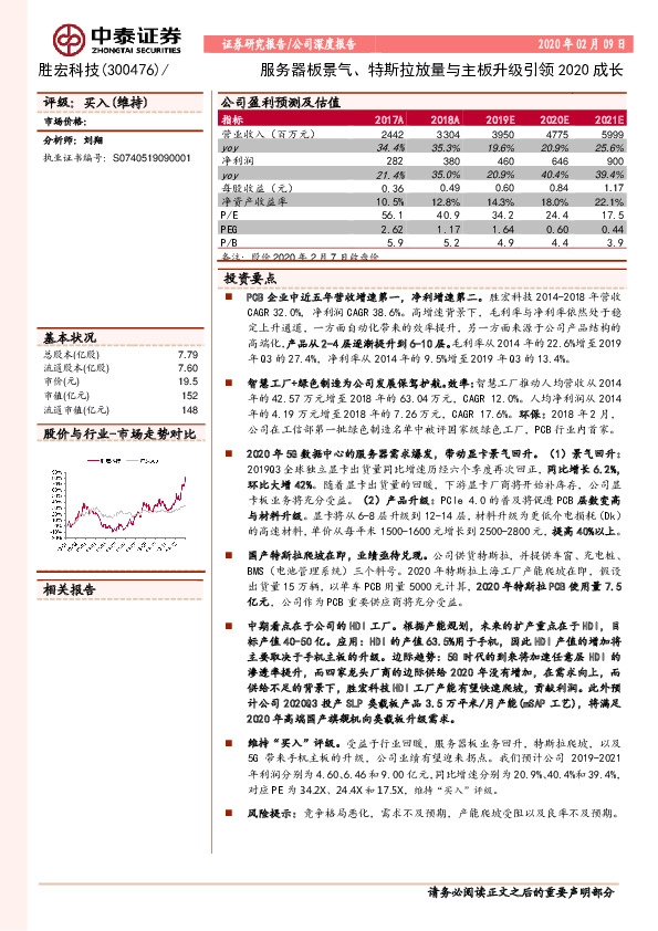 服务器板景气、特斯拉放量与主板升级引领2020成长