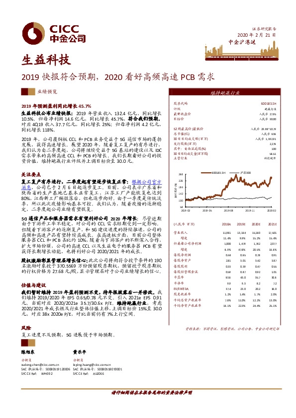 2019快报符合预期，2020看好高频高速PCB需求