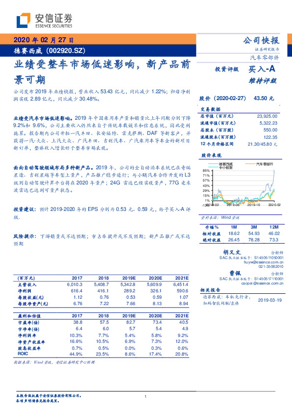 业绩受整车市场低迷影响，新产品前景可期