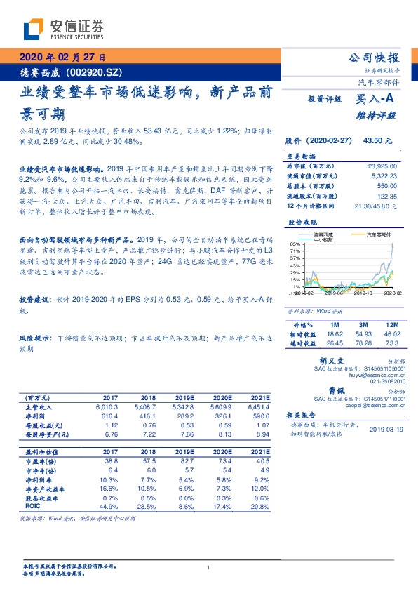 业绩受整车市场低迷影响，新产品前景可期