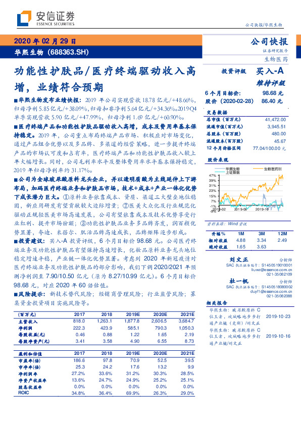 功能性护肤品/医疗终端驱动收入高增，业绩符合预期