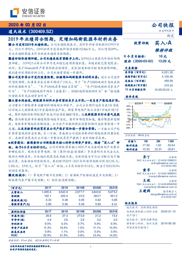 2019年业绩符合预期，定增加码新能源车材料业务