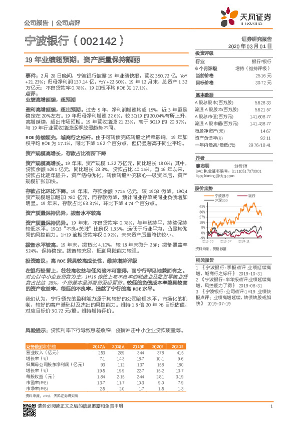 19年业绩超预期，资产质量保持靓丽