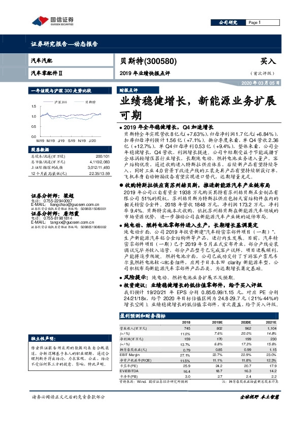2019年业绩快报点评：业绩稳健增长，新能源业务扩展可期