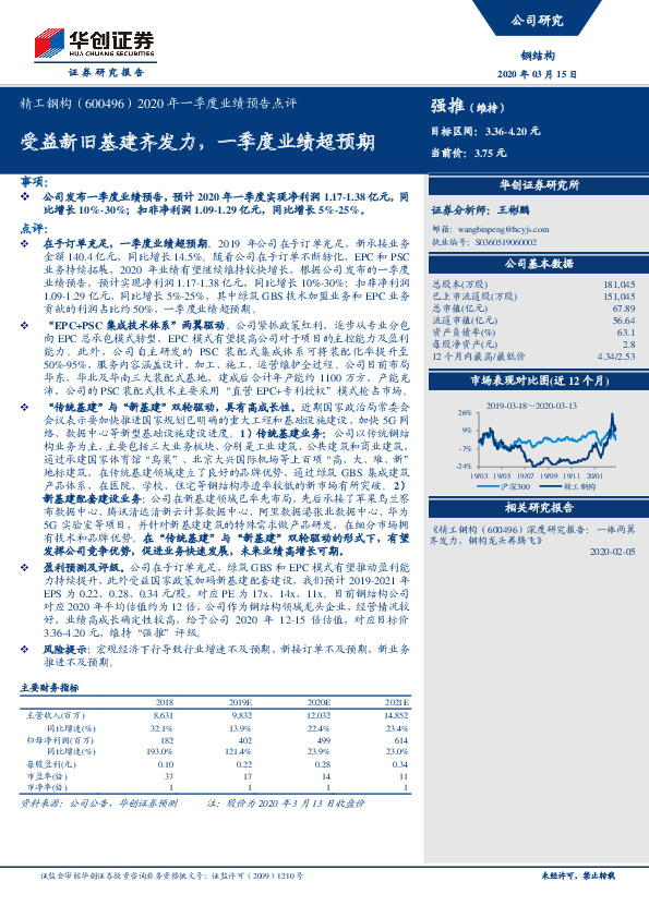 2020年一季度业绩预告点评：受益新旧基建齐发力，一季度业绩超预期