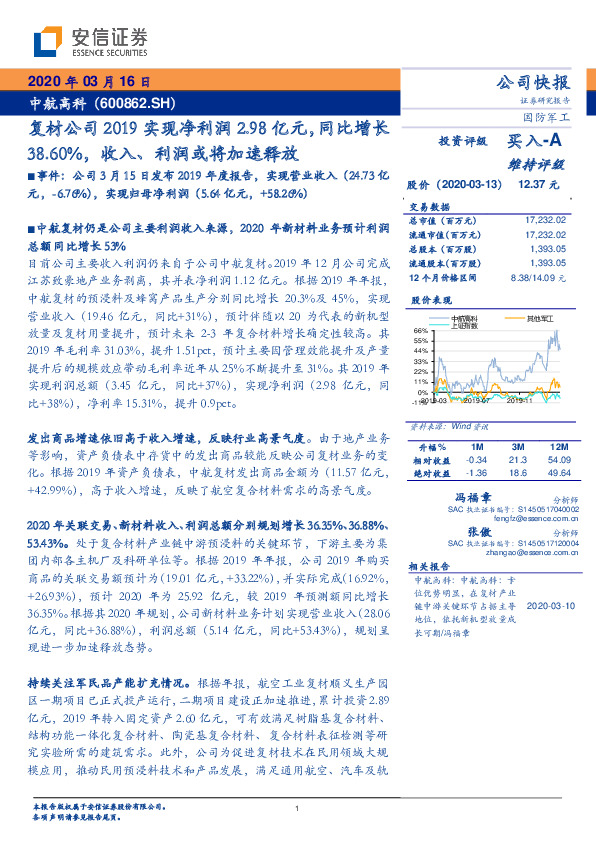 复材公司2019实现净利润2.98亿元，同比增长38.60%，收入、利润或将加速释放
