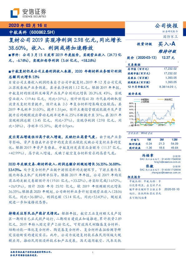 复材公司2019实现净利润2.98亿元，同比增长38.60%，收入、利润或将加速释放