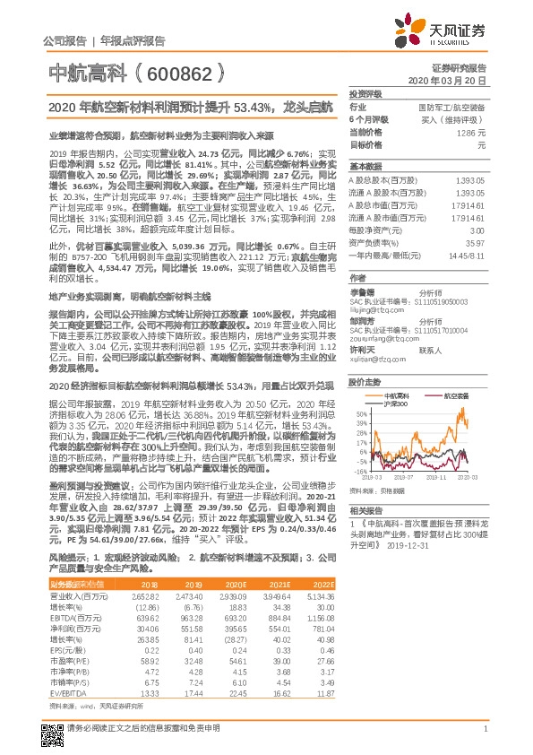2020年航空新材料利润预计提升53.43%，龙头启航