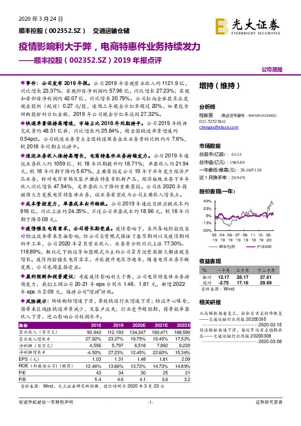 2019年报点评：疫情影响利大于弊，电商特惠件业务持续发力