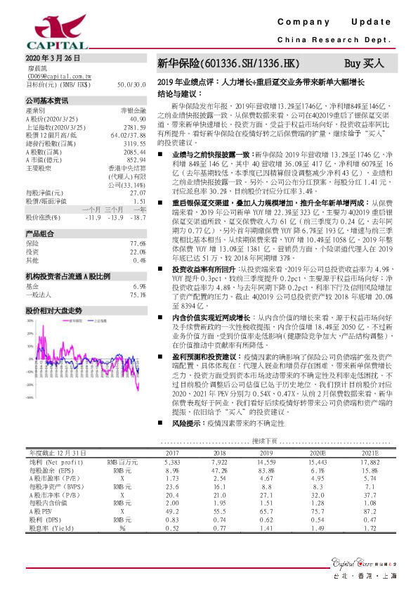 2019年业绩点评：人力增长+重启趸交业务带来新单大幅增长