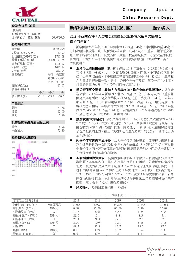 2019年业绩点评：人力增长+重启趸交业务带来新单大幅增长
