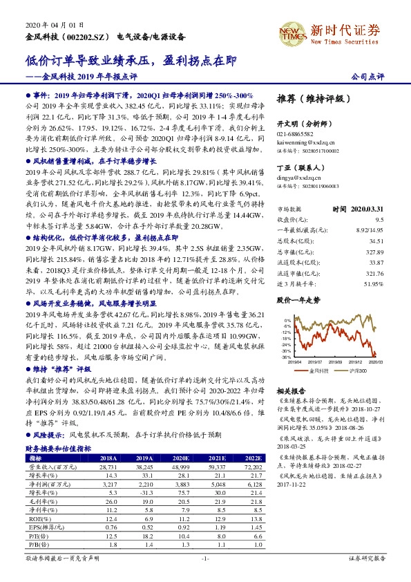 金风科技2019年年报点评：低价订单导致业绩承压，盈利拐点在即