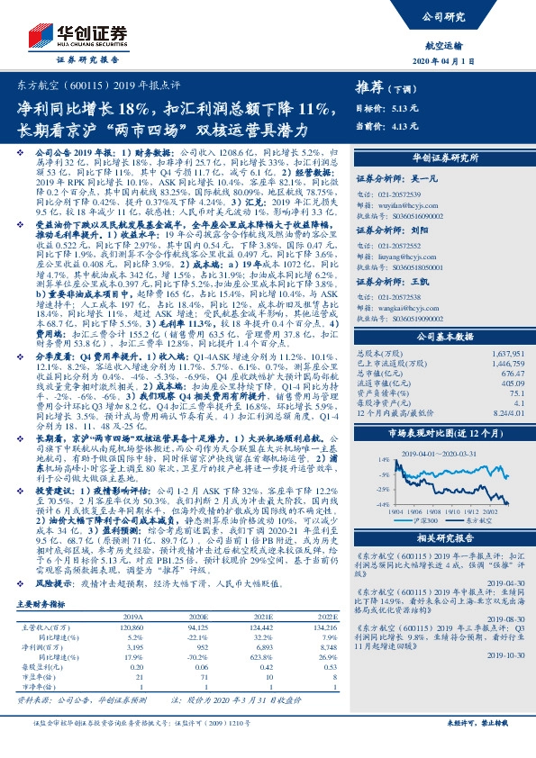 2019年报点评：净利同比增长18%，扣汇利润总额下降11%，长期看京沪“两市四场”双核运营具潜力