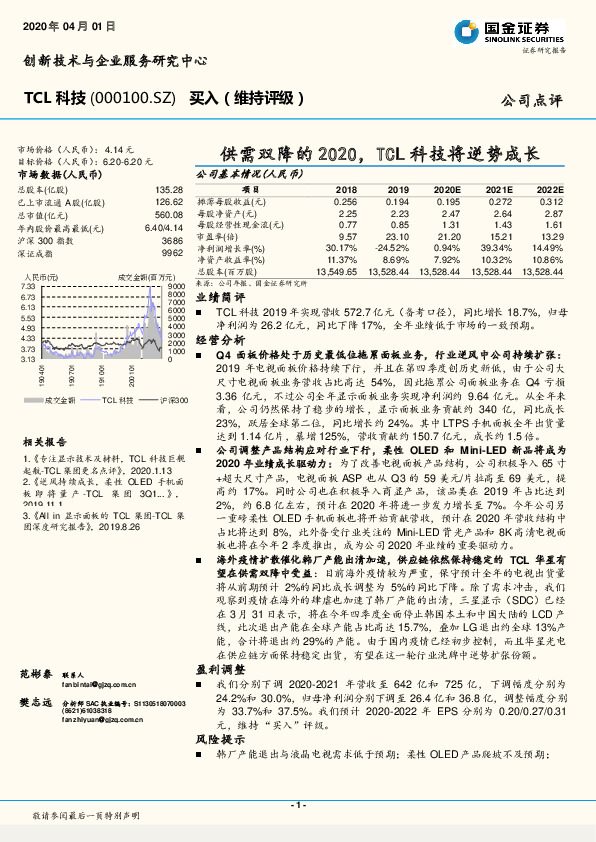 供需双降的2020，TCL科技将逆势成长