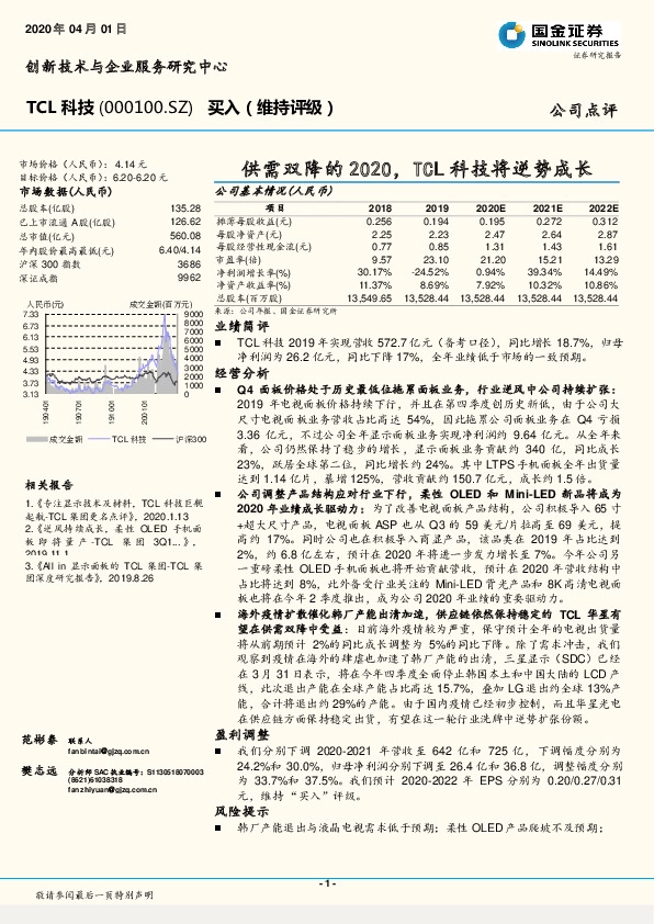 供需双降的2020，TCL科技将逆势成长