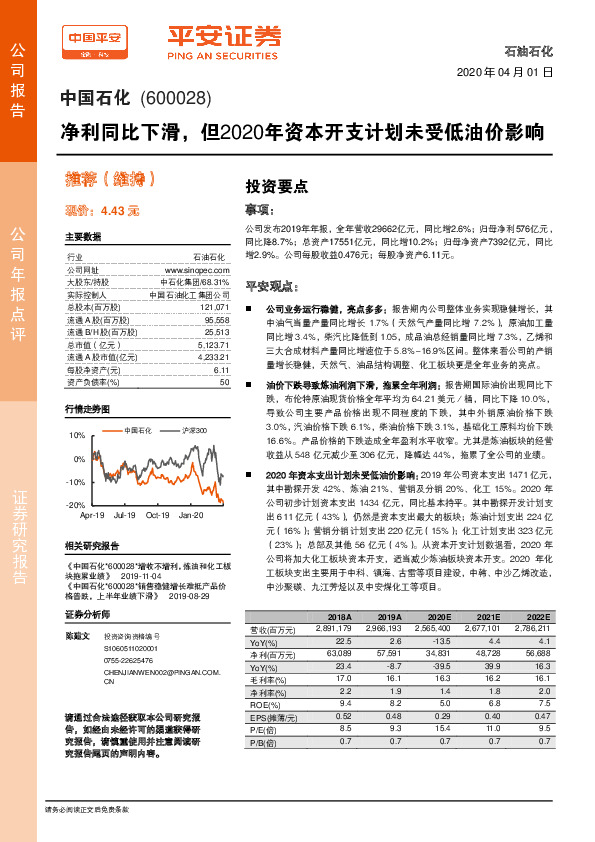 净利同比下滑，但2020年资本开支计划未受低油价影响