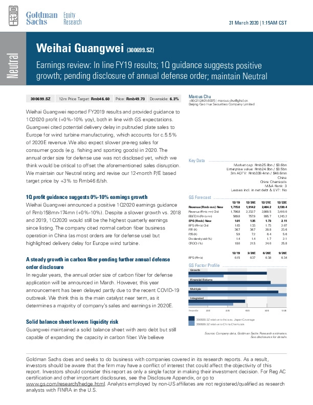 Earnings review: In line FY19 results; 1Q guidance suggests positive growth; pending disclosure of annual defense order; maintain Neutral