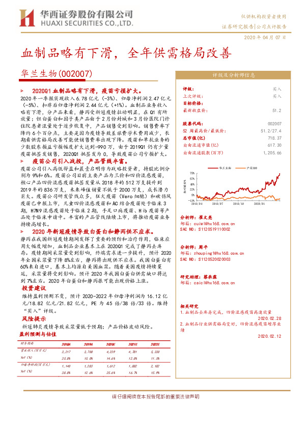 血制品略有下滑，全年供需格局改善
