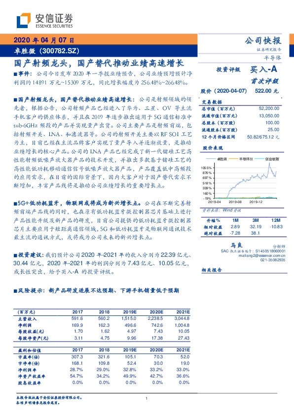 国产射频龙头，国产替代推动业绩高速增长