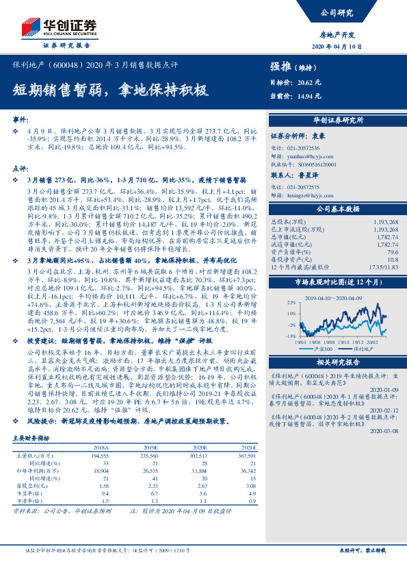 2020年3月销售数据点评：短期销售暂弱，拿地保持积极