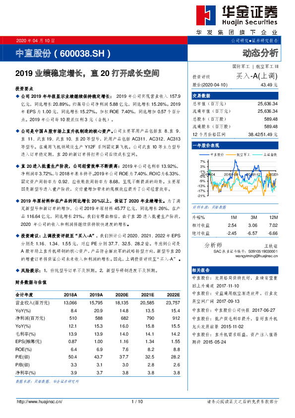 2019业绩稳定增长，直20打开成长空间
