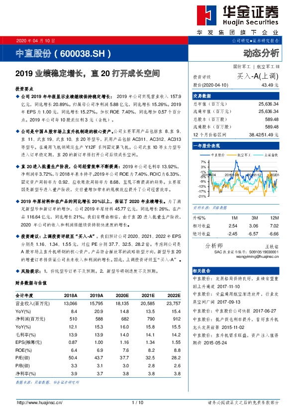 2019业绩稳定增长，直20打开成长空间