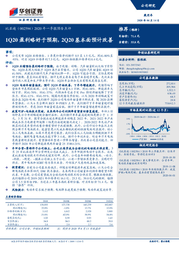 2020年一季报预告点评：1Q20盈利略好于预期，2Q20基本面预计改善