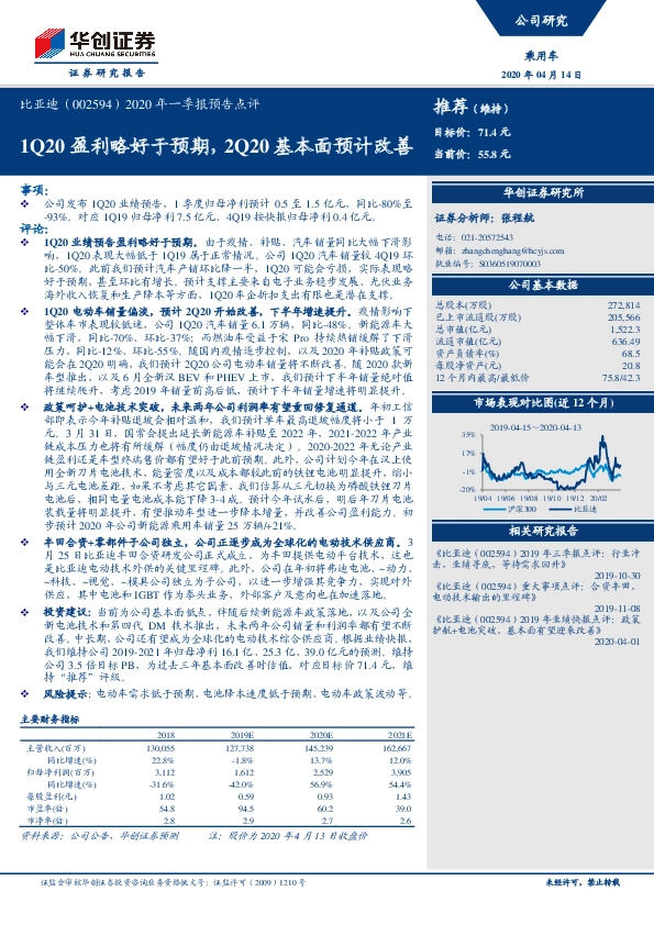 2020年一季报预告点评：1Q20盈利略好于预期，2Q20基本面预计改善