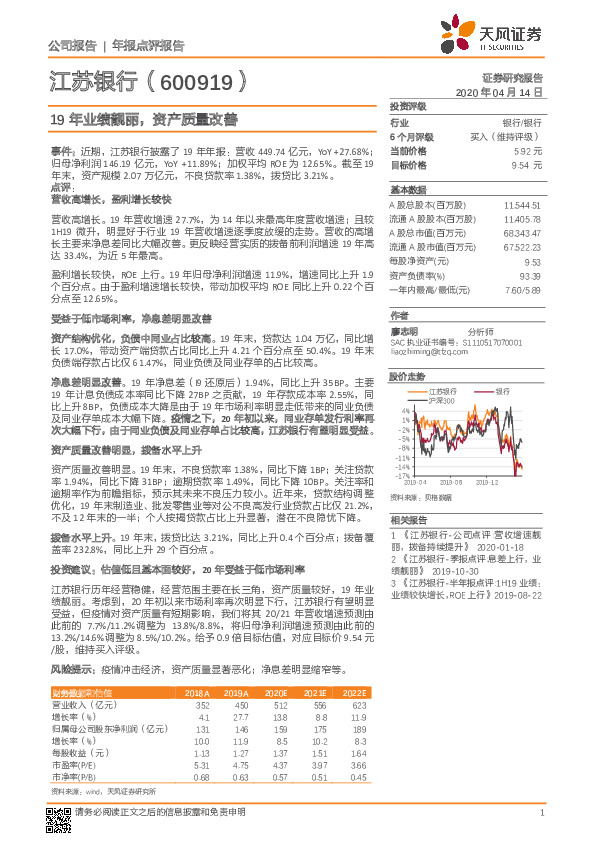 19年业绩靓丽，资产质量改善