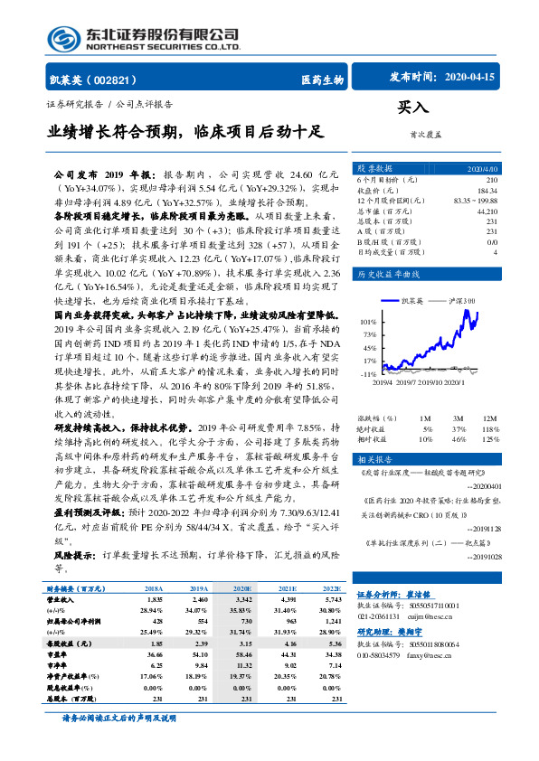 业绩增长符合预期，临床项目后劲十足