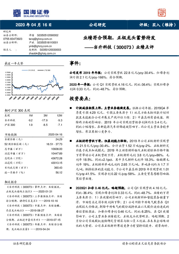 业绩点评：业绩符合预期，正极龙头蓄势待发