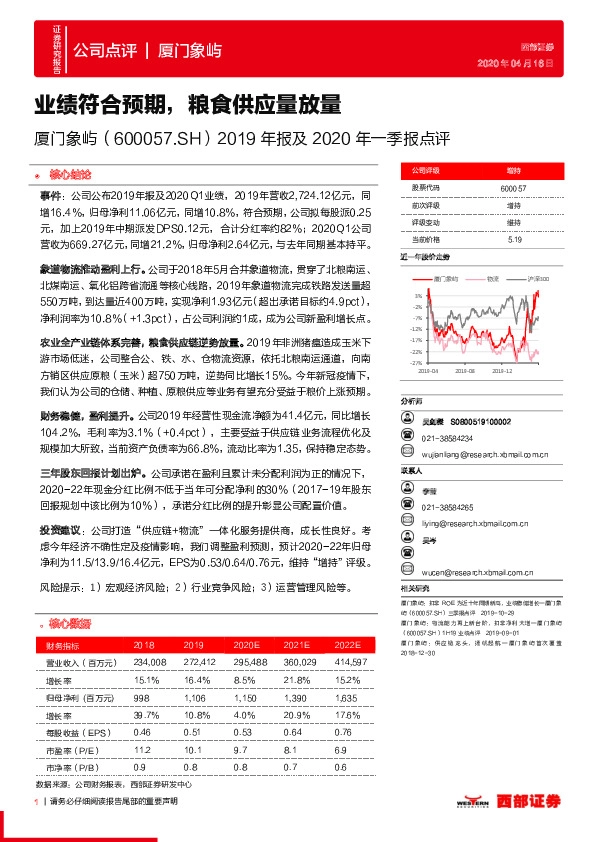 2019年报及2020年一季报点评：业绩符合预期，粮食供应量放量