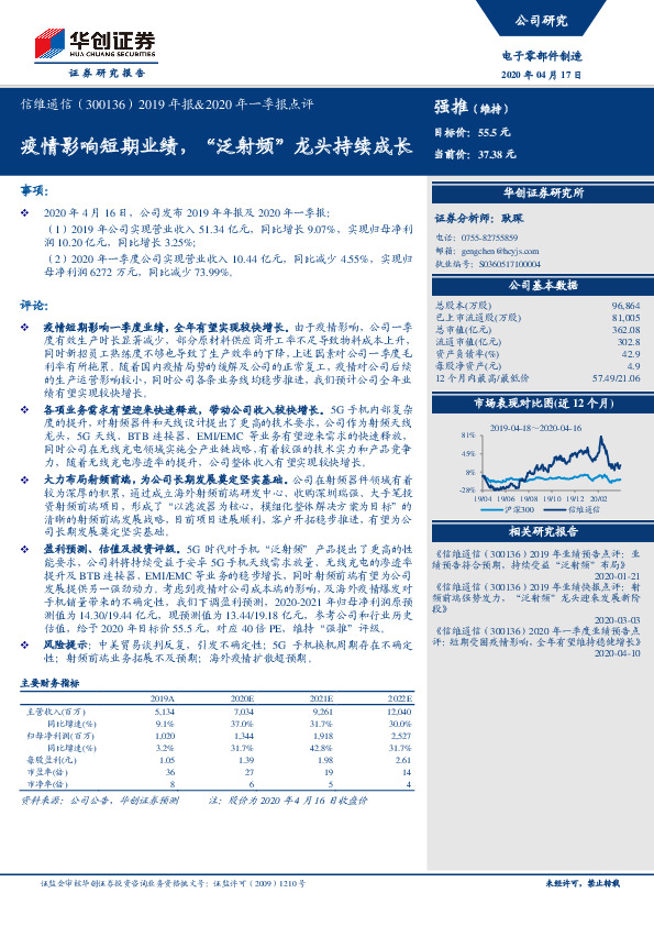 2019年报&2020年一季报点评：疫情影响短期业绩，“泛射频”龙头持续成长
