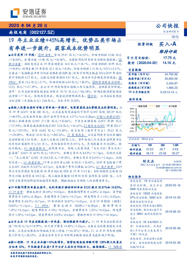 19年主业业绩+45%高增长，优势品类市场占有率进一步提升，获客成本优势明显